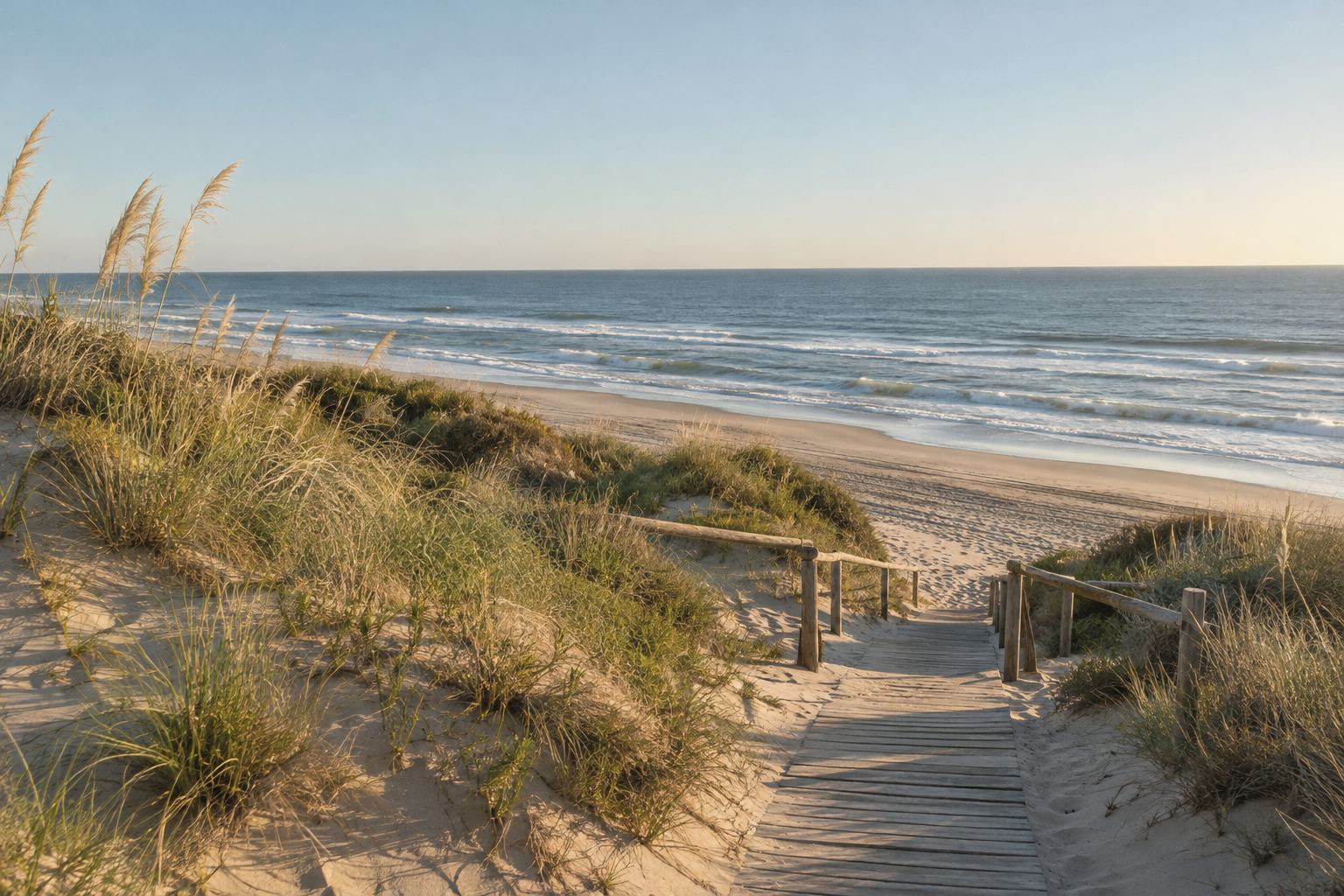 Imagen ilustrativa de la playa de Pinamar: médanos con pastos y una pasarela de madera hacia el mar