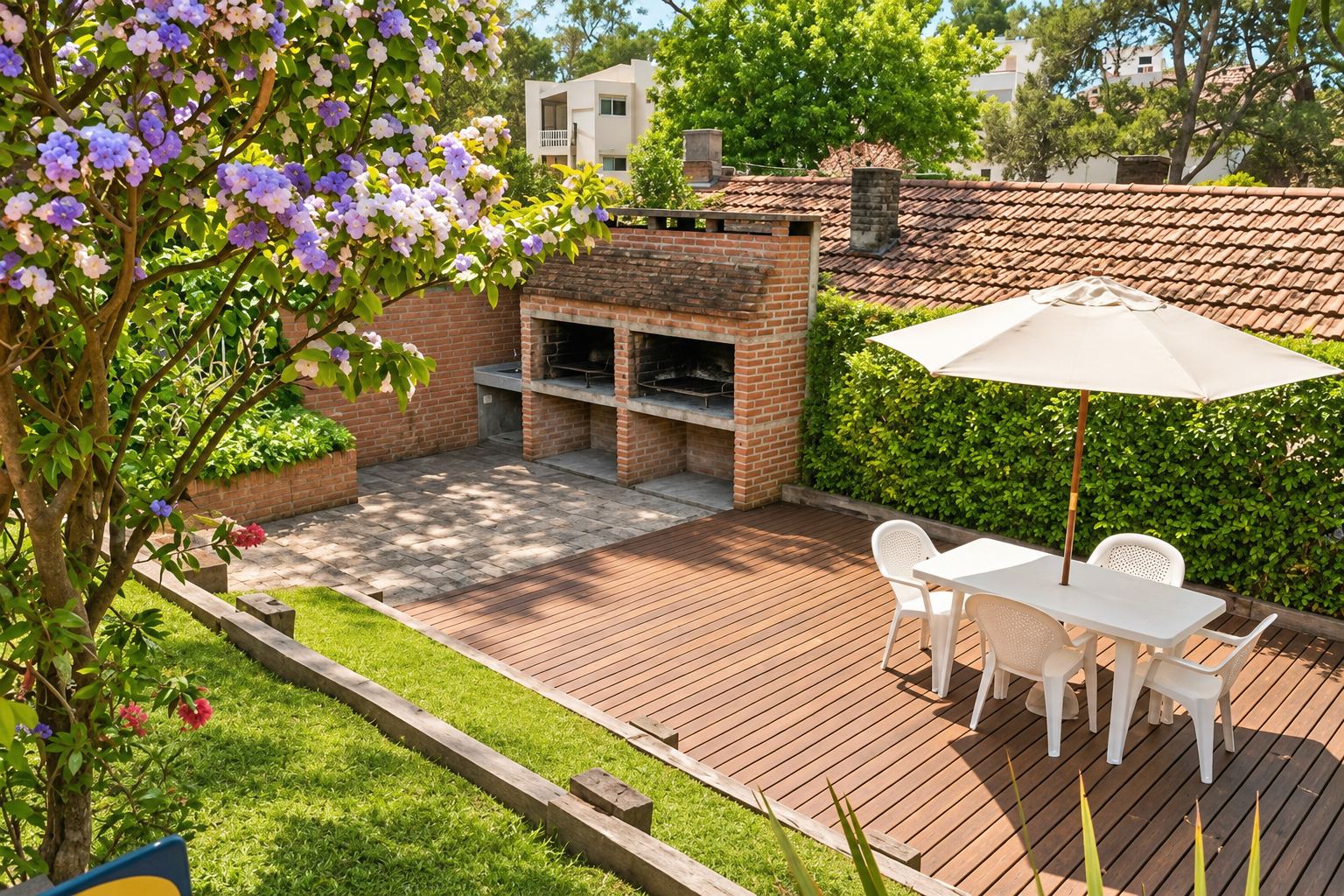 Quincho de ladrillo con dos parrillas, deck de madera con mesa y sombrilla, y un árbol con flores lilas